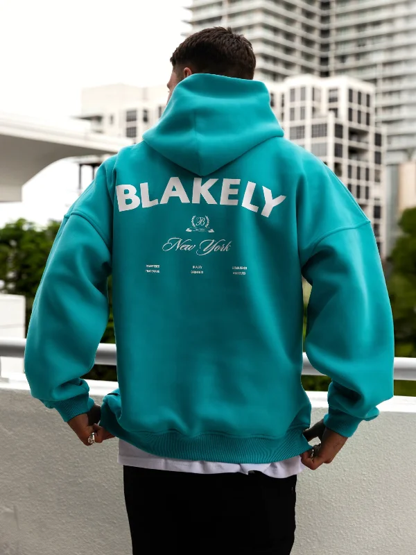 Retro - inspired men hoodie with a varsity logo NY Crest Relaxed Hoodie - Aqua