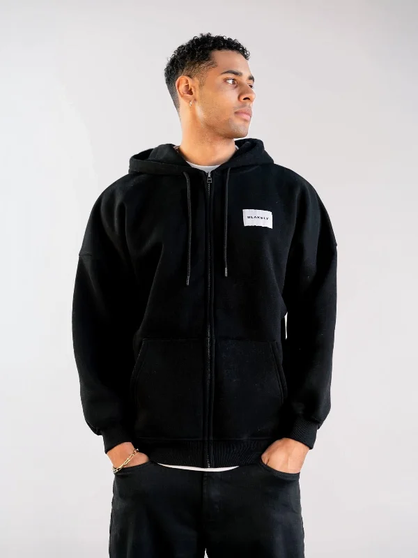 Men hoodie with a detachable hood for versatility Label Relaxed Full Zip Hoodie - Black