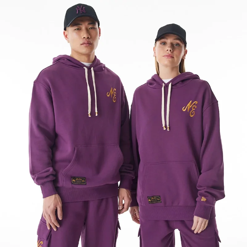 Oversized men hoodie with dropped shoulders for a streetwear look New Era Script Logo Dark Purple Oversized Pullover Hoodie