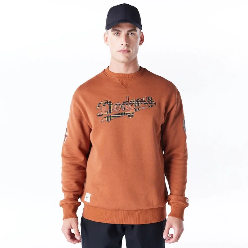 Men hoodie with a kangaroo pocket and ribbed cuffs LA Dodgers MLB Tartan Infill Brown Crew Neck Sweater