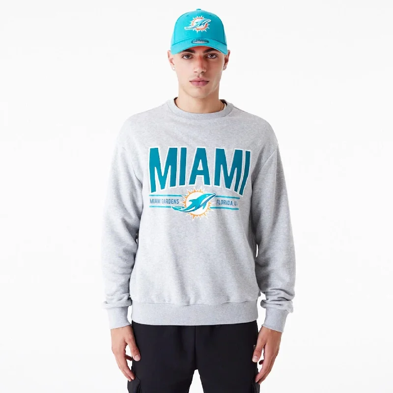 Tech - friendly men hoodie with a built - in headphone jack Miami Dolphins NFL Wordmark Grey Oversized Crew Neck Sweatshirt