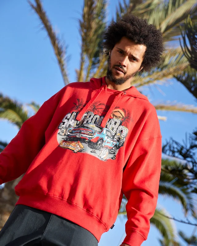 Men hoodie with a drawstring hood and adjustable hem Neon Boneyard - Recycled Mens Oversized Pop Hoodie - Red