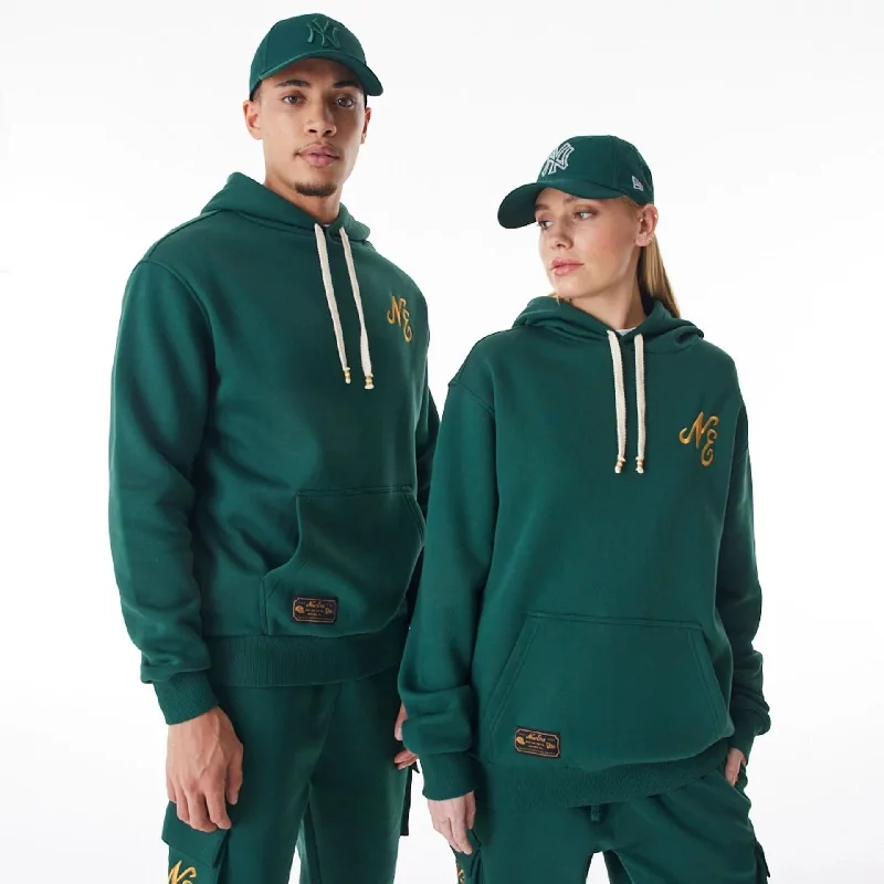 Zip - up men hoodie with multiple pockets for storage New Era Script Logo Dark Green Oversized Pullover Hoodie