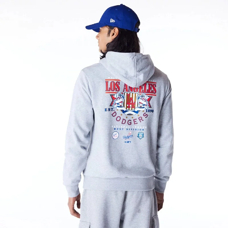 Zip - up men hoodie with multiple pockets for storage LA Dodgers MLB Badge Graphic Grey Pullover Hoodie Zip - up men hoodie with multiple pockets for storage LA Dodgers MLB Badge Graphic Grey Pullover Hoodie