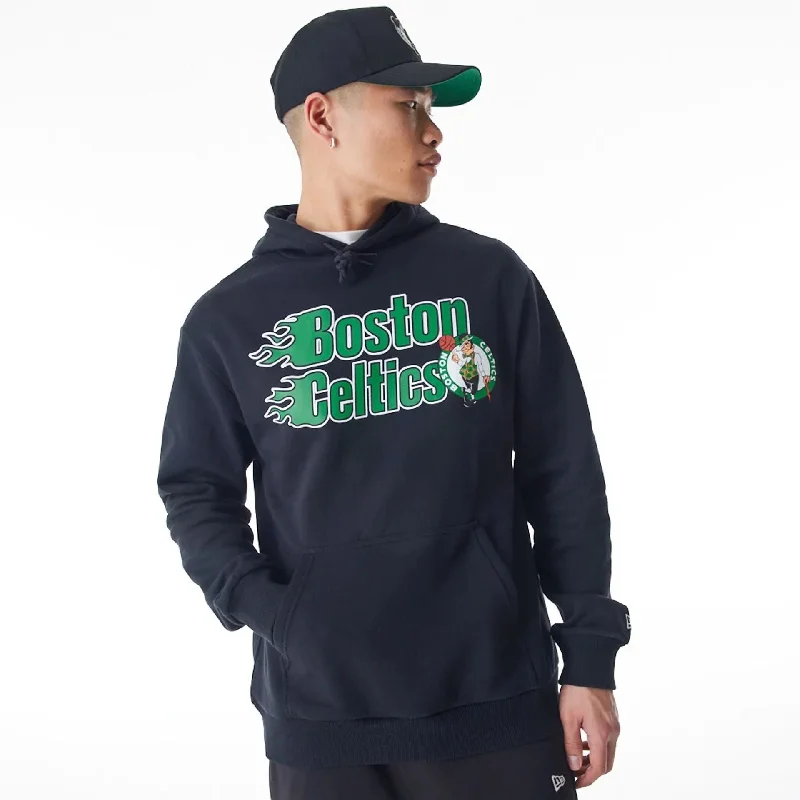 Men hoodie with a detachable hood for versatility Boston Celtics NBA Flame Print Black Oversized Pullover Hoodie