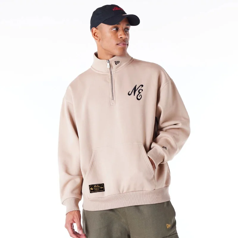 Tech - friendly men hoodie with a built - in headphone jack New Era Lifestyle Beige Quarter-Zip Sweater Tech - friendly men hoodie with a built - in headphone jack New Era Lifestyle Beige Quarter-Zip Sweater