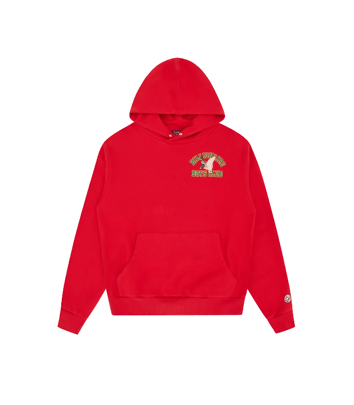 Organic cotton men hoodie for a sustainable and soft feel DUCK VARSITY EMBROIDERED POPOVER HOOD - RED Organic cotton men hoodie for a sustainable and soft feel DUCK VARSITY EMBROIDERED POPOVER HOOD - RED