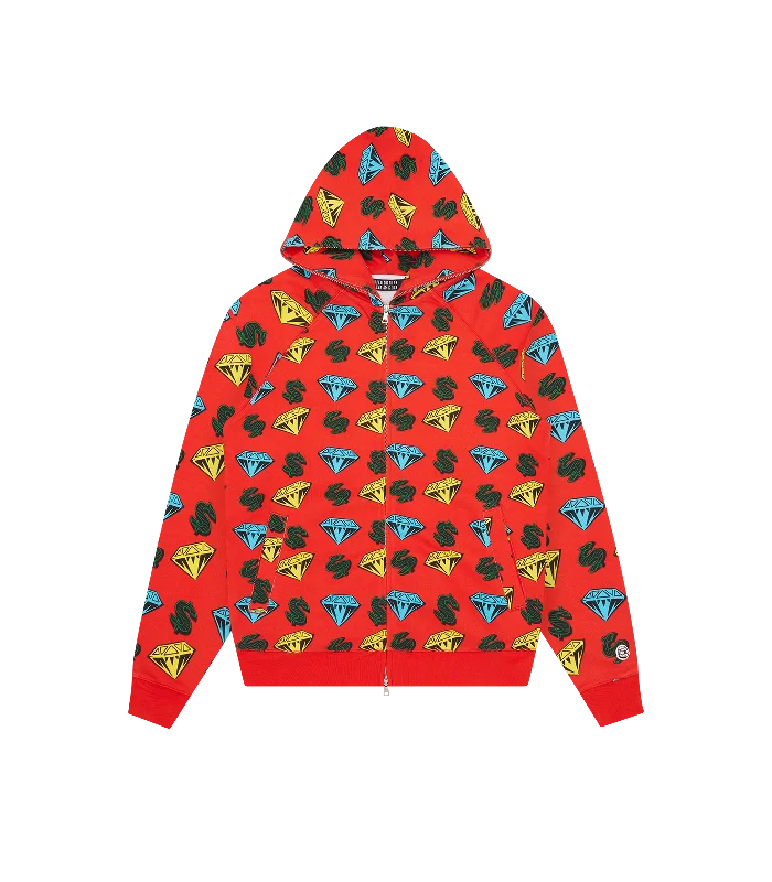 Camouflage - pattern men hoodie for outdoor enthusiasts DIAMONDS & DOLLARS ZIP THROUGH HOOD - RED Camouflage - pattern men hoodie for outdoor enthusiasts DIAMONDS & DOLLARS ZIP THROUGH HOOD - RED