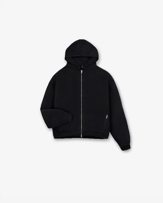 Tech - friendly men hoodie with a built - in headphone jack Initial Boxy Zip Through Hoodie - Black