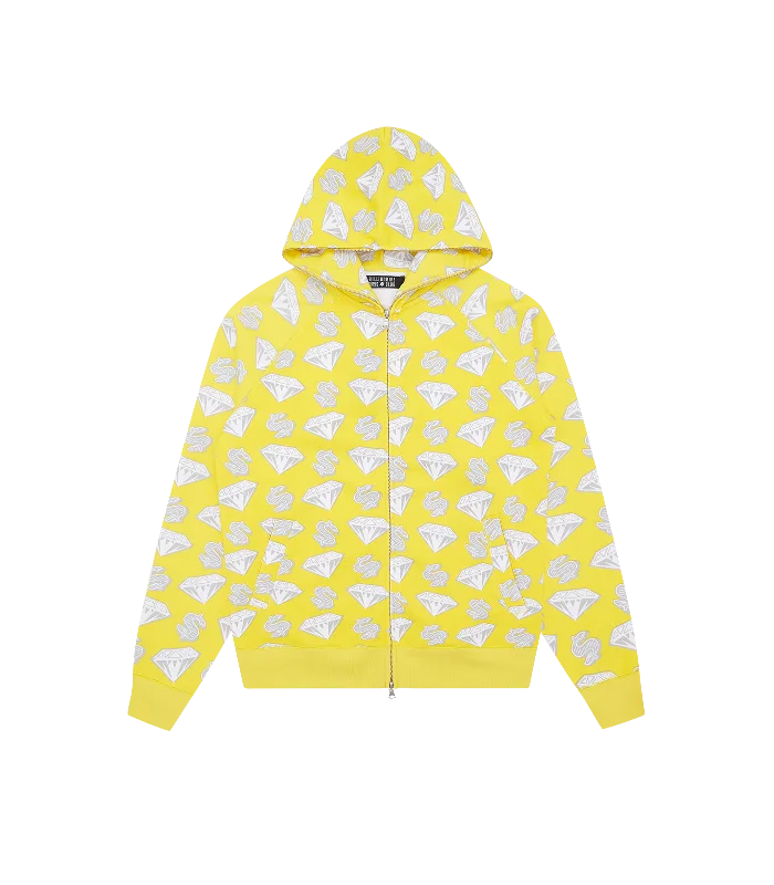 Camouflage - pattern men hoodie for outdoor enthusiasts DIAMONDS & DOLLARS ZIP-THROUGH HOOD - YELLOW