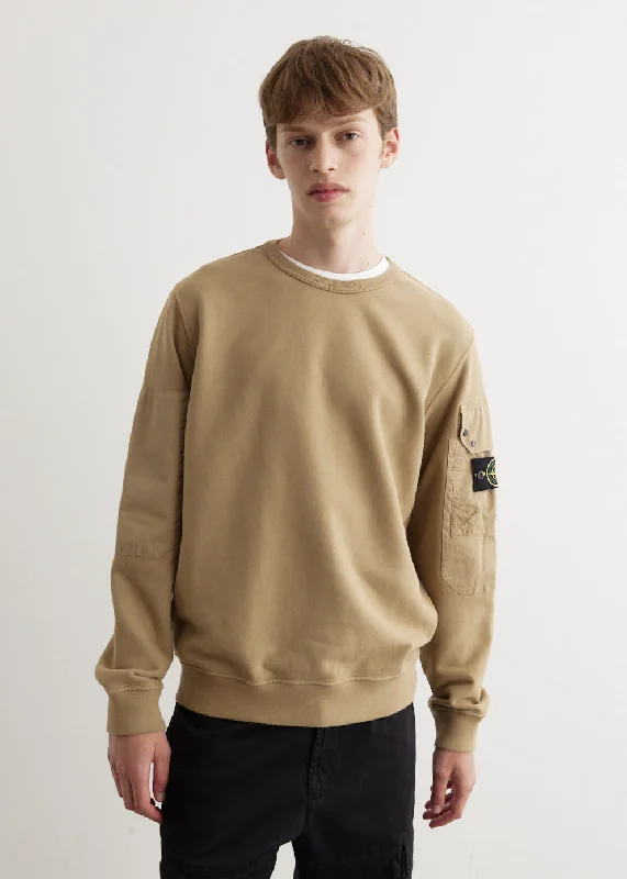 Solid - color men hoodie in trendy olive green Pocket Sleeve Crewneck Sweatshirt
