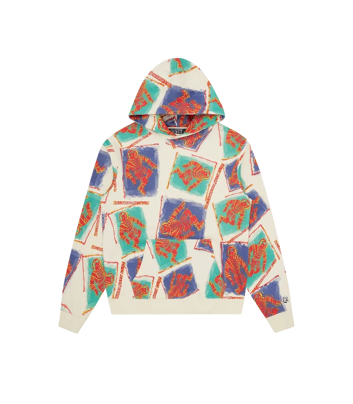 Retro - inspired men hoodie with a varsity logo ASTRO PORTRAIT POPOVER HOOD - ECRU/MULTI
