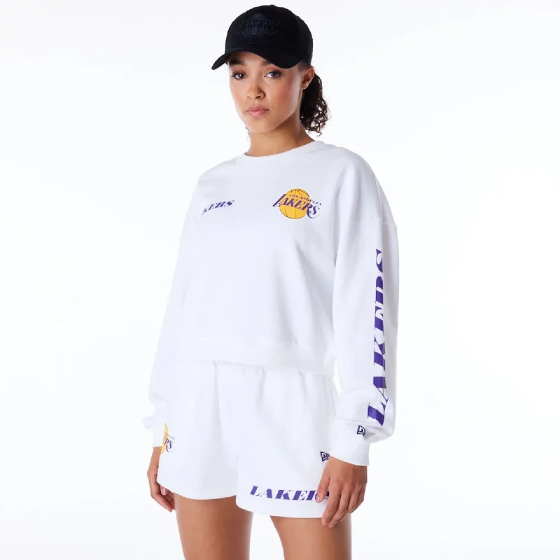 Fleece - lined men hoodie for extreme cold weather LA Lakers Womens NBA Wordmark White Crop Crew Neck Sweatshirt