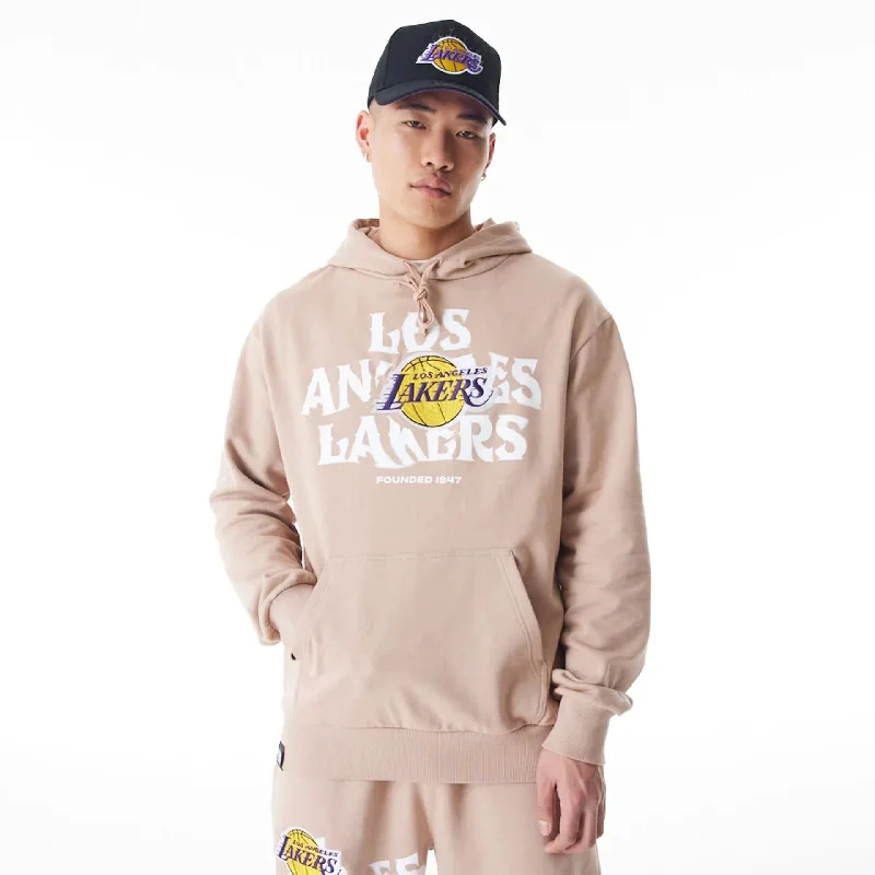 Retro - inspired men hoodie with a varsity logo LA Lakers NBA Graphic Beige Oversized Pullover Hoodie