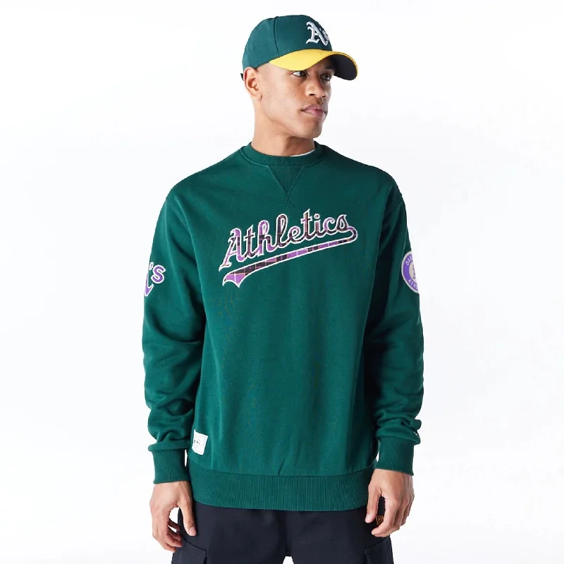 Thermal - insulated men hoodie for winter sports Oakland Athletics MLB Tartan Infill Dark Green Crew Neck Sweater