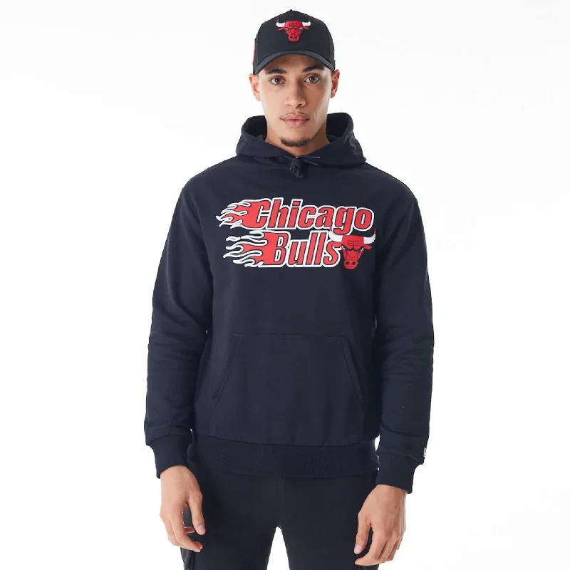 Graphic - printed men hoodie with anime motifs for otaku fans Chicago Bulls NBA Flame Print Black Oversized Pullover Hoodie