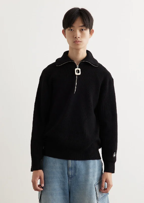 Solid - color men hoodie in trendy olive green Half Zip Jumper