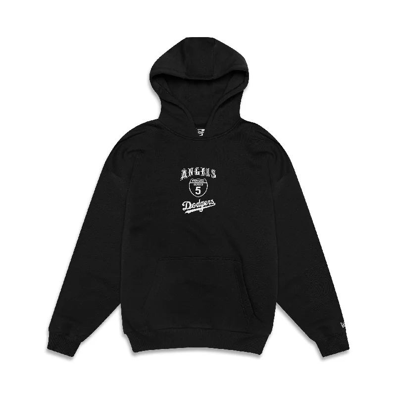 Men hoodie with a kangaroo pocket and ribbed cuffs MLB Multi Team Freeway Series Black Pullover Hoodie