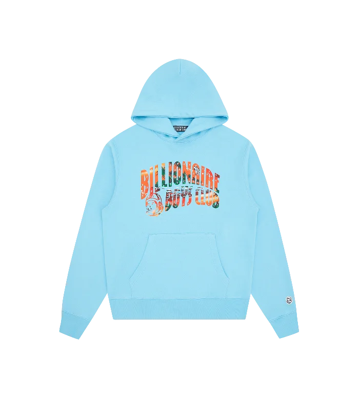 Organic cotton men hoodie for a sustainable and soft feel TROPICAL ISLAND FILL ARCH LOGO POPOVER HOOD - BLUE Organic cotton men hoodie for a sustainable and soft feel TROPICAL ISLAND FILL ARCH LOGO POPOVER HOOD - BLUE