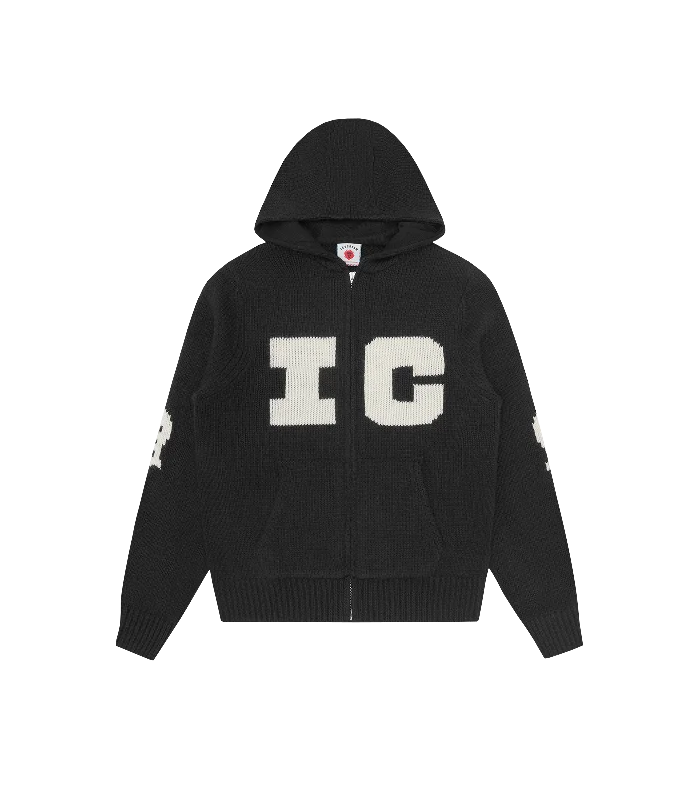 Zip - up men hoodie with multiple pockets for storage RUNNING DOG KNITTED ZIP THROUGH HOOD - BLACK