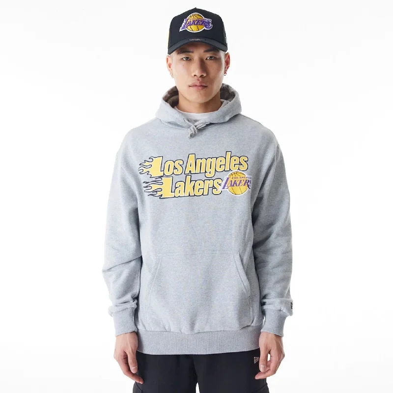 Fleece - lined men hoodie for extreme cold weather LA Lakers NBA Flame Print Grey Oversized Pullover Hoodie
