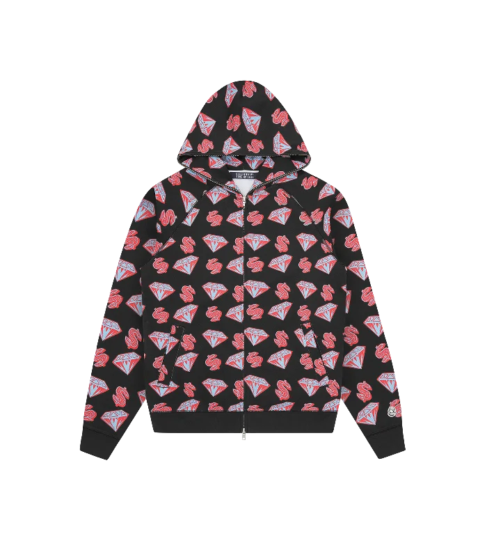 Retro - inspired men hoodie with a varsity logo DIAMONDS & DOLLARS ZIP THROUGH HOOD - BLACK Retro - inspired men hoodie with a varsity logo DIAMONDS & DOLLARS ZIP THROUGH HOOD - BLACK