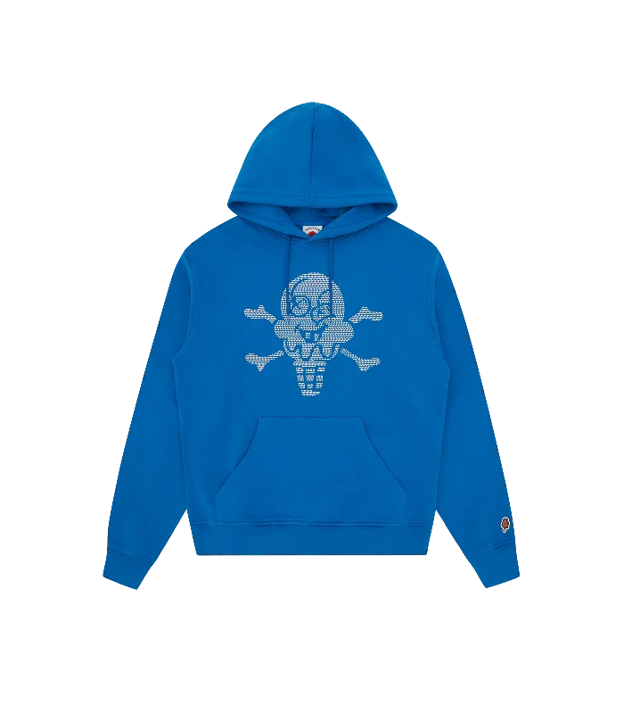 Oversized men hoodie with dropped shoulders for a streetwear look RHINESTONE CONES & BONES POPOVER HOOD - BLUE