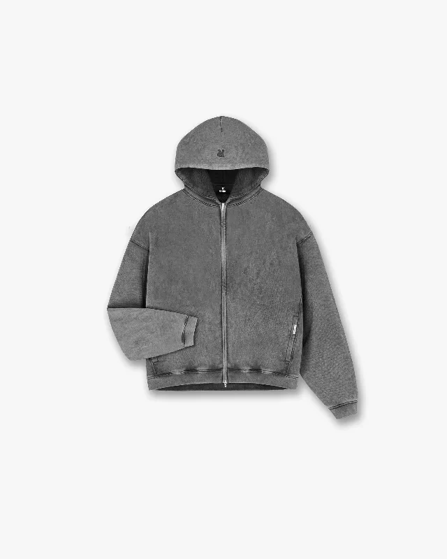 Solid - color men hoodie in trendy olive green Initial Boxy Zip Through Hoodie - Vintage Grey
