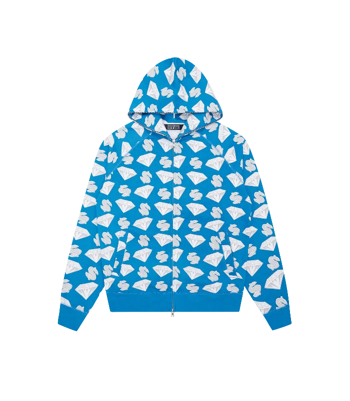 Oversized men hoodie with dropped shoulders for a streetwear look DIAMONDS & DOLLARS ZIP-THROUGH HOOD - BLUE