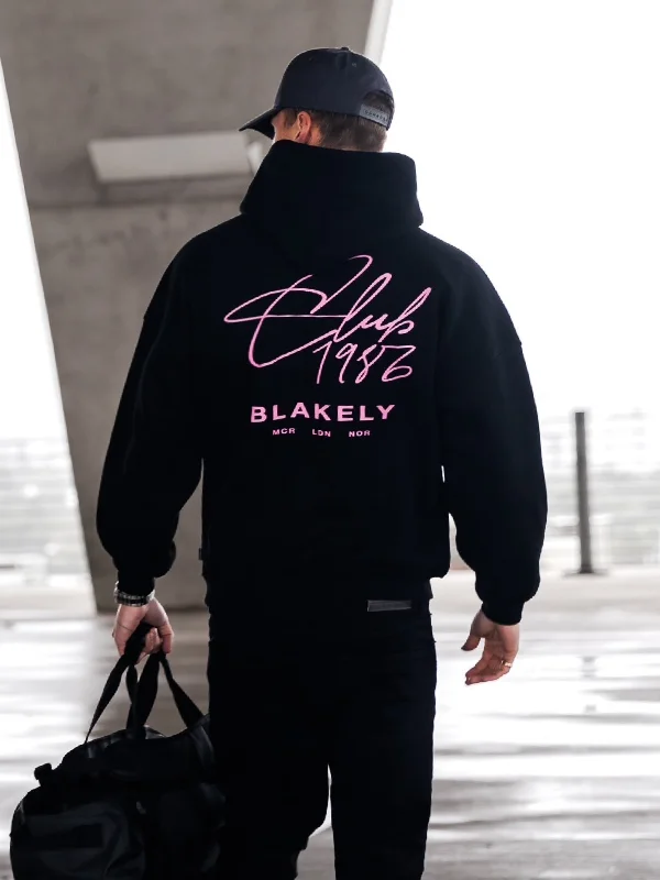Retro - inspired men hoodie with a varsity logo Club Relaxed Hoodie - Black & Pink