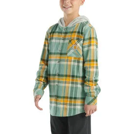 Men hoodie with a drawstring hood and adjustable hem Youth Boys Long Sleeve Flannel Button Front Hooded Shirt - Patina