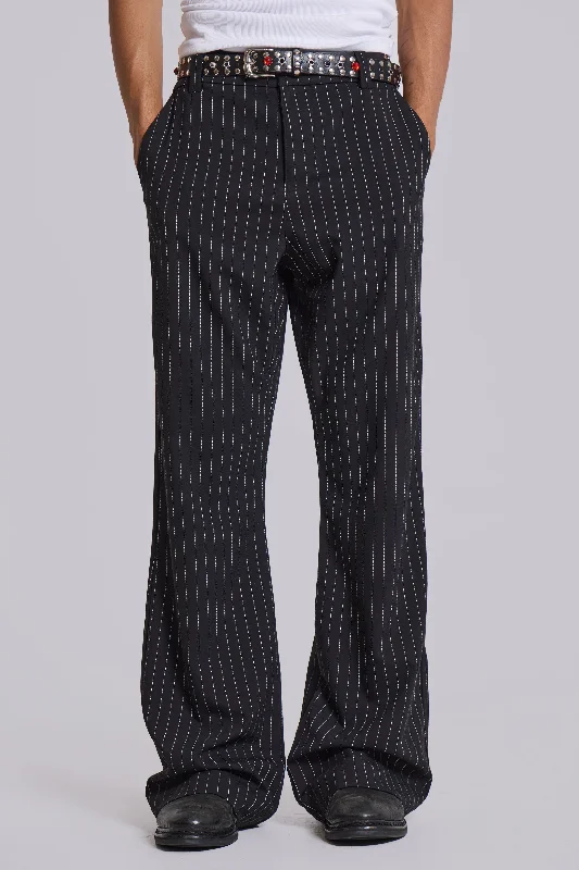 Black Pinstripe Stacked Bootcut Suit Pants