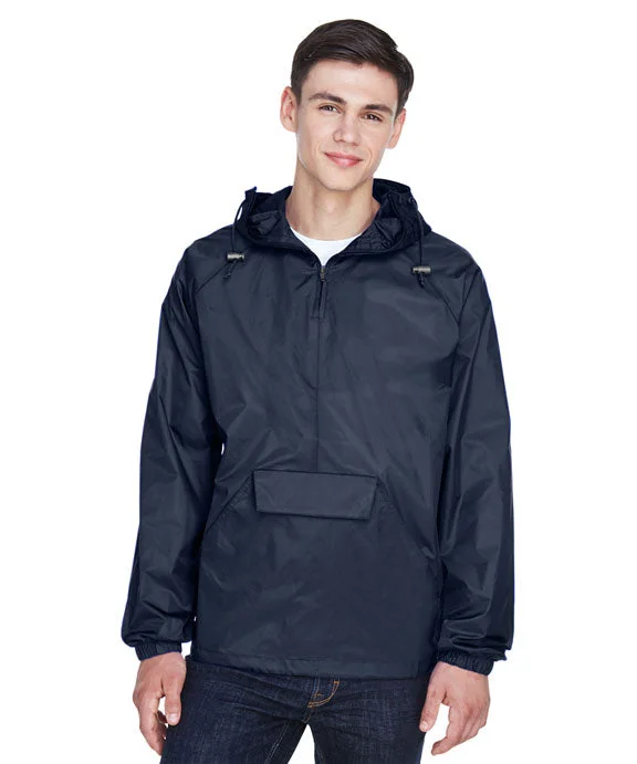 Men's quarter - zip with a dropped shoulder for a relaxed fit8925 - UltraClub Adult Quarter-Zip Hooded Pullover Pack-Away Jacket | True Navy Men's quarter - zip with a dropped shoulder for a relaxed fit8925 - UltraClub Adult Quarter-Zip Hooded Pullover Pack-Away Jacket | True Navy