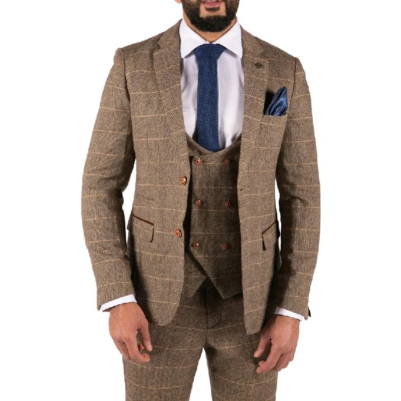 Mens 3 Piece Herringbone Tweed Tan Brown Check Suit Tailored Fit Double Classic