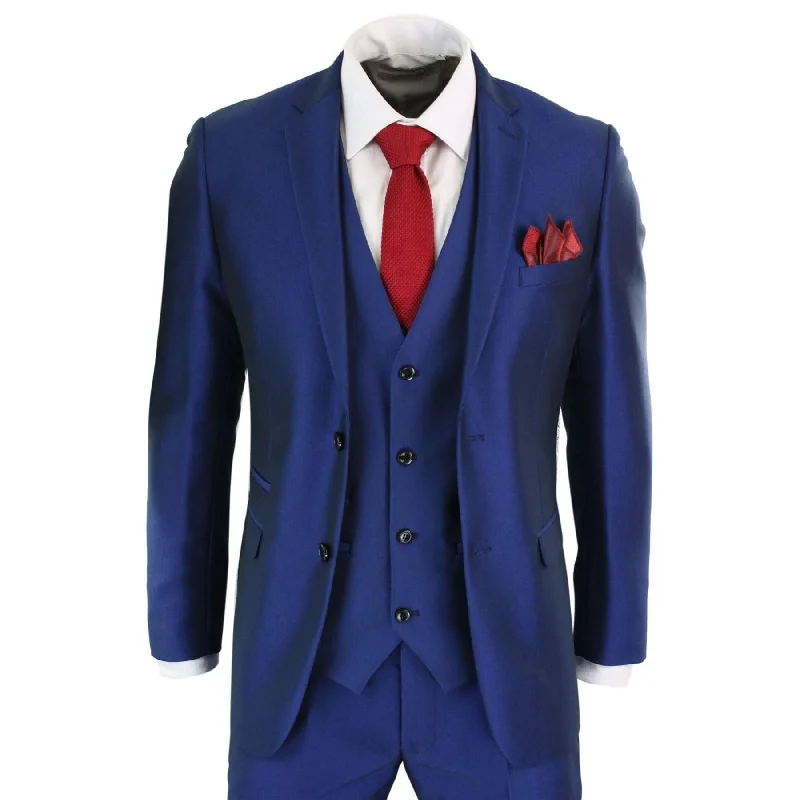 Mens 3 Piece Shiny Blue Wedding Prom Party Suit Tailored Fit Smart Formal