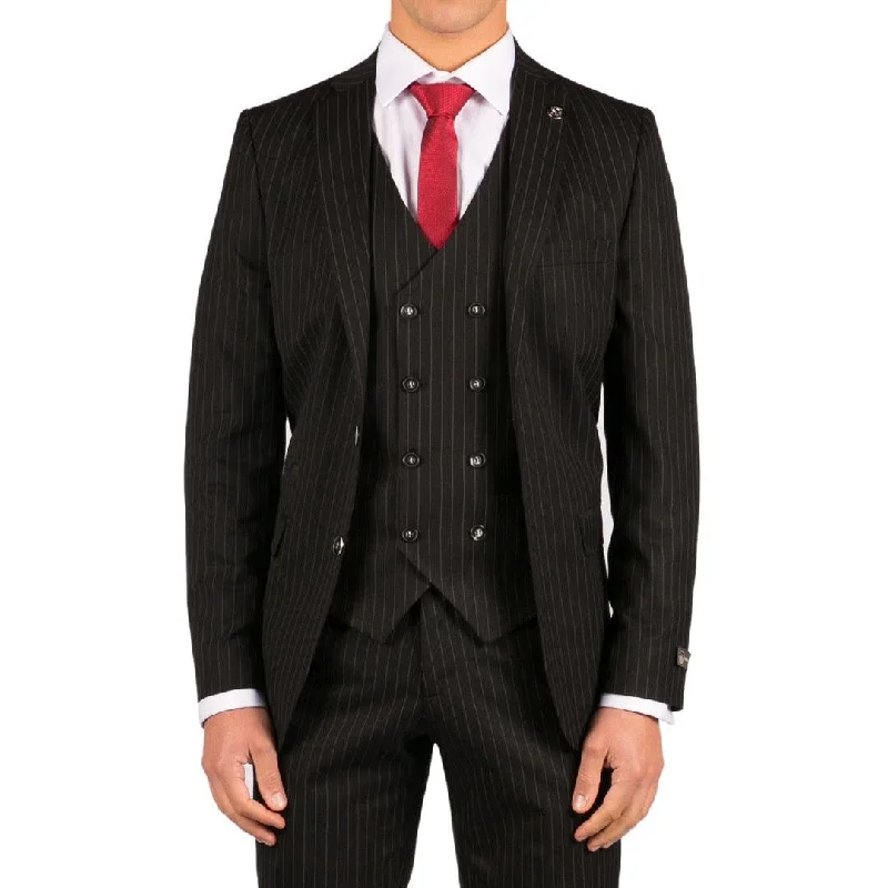 Mens 3 Piece Black Suit Gatsby 1920s Gangster Pinstripe Tailored Fit