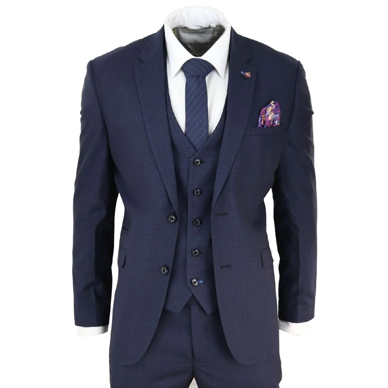 Mens 3 Piece Suit Navy Tailored Fit Classic Retro Vintage Wedding Prom Office