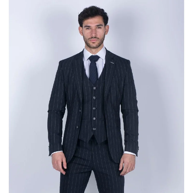 Mens 3 Piece Suit Pin Stripe Navy Classic Vintage Retro 1920s Tailored Fit Wedding