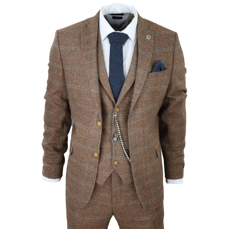 Men's 3 Piece Suit Wool Tweed Herringbone Tan Brown Blue Check 1920s Gatsby Formal Dress Suits