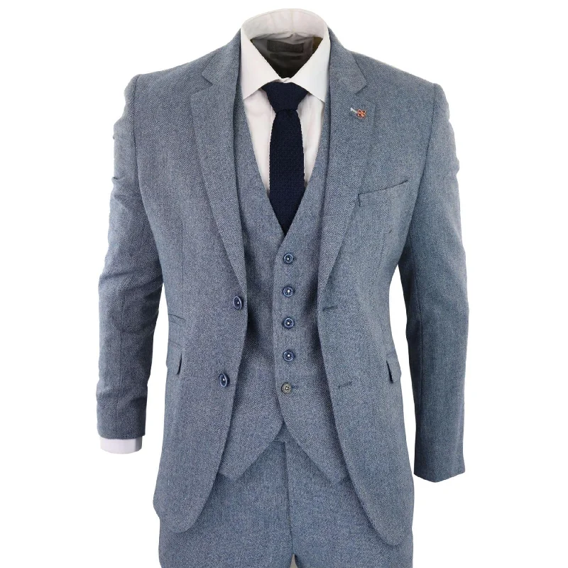 Mens 3 Piece Wool Suit Light Blue Tweed Vintage 1920s Classic 4 Pocket Waistcoat