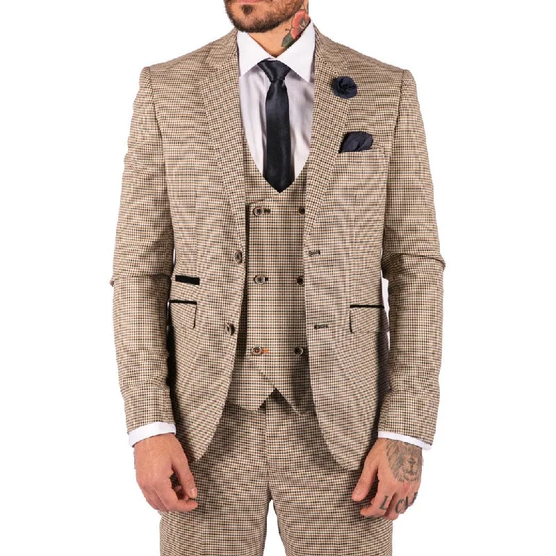 Mens Beige Navy Check Suit Vintage Classic Prince Of Wales Tailored Fit Wedding