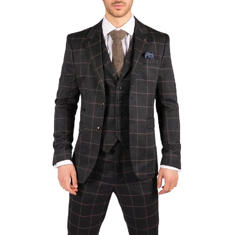 Mens Blue 3 Piece Suit Tan Check Classic Wedding Prom Peaky Tweed Vintage