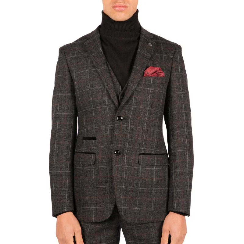 Mens Grey Black 3 Piece Tweed Suit Herringbone Wine Vintage Retro