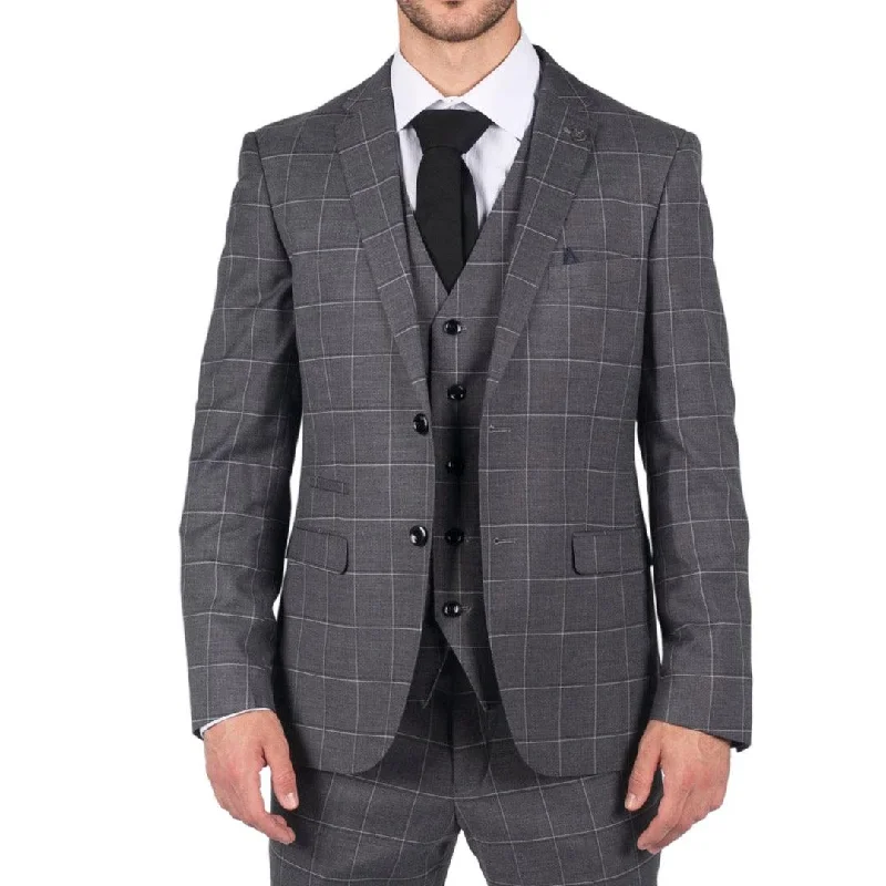 Mens Grey Check 3 Piece Suit Vintage Retro Smart Wedding Classic Tailored Fit Light