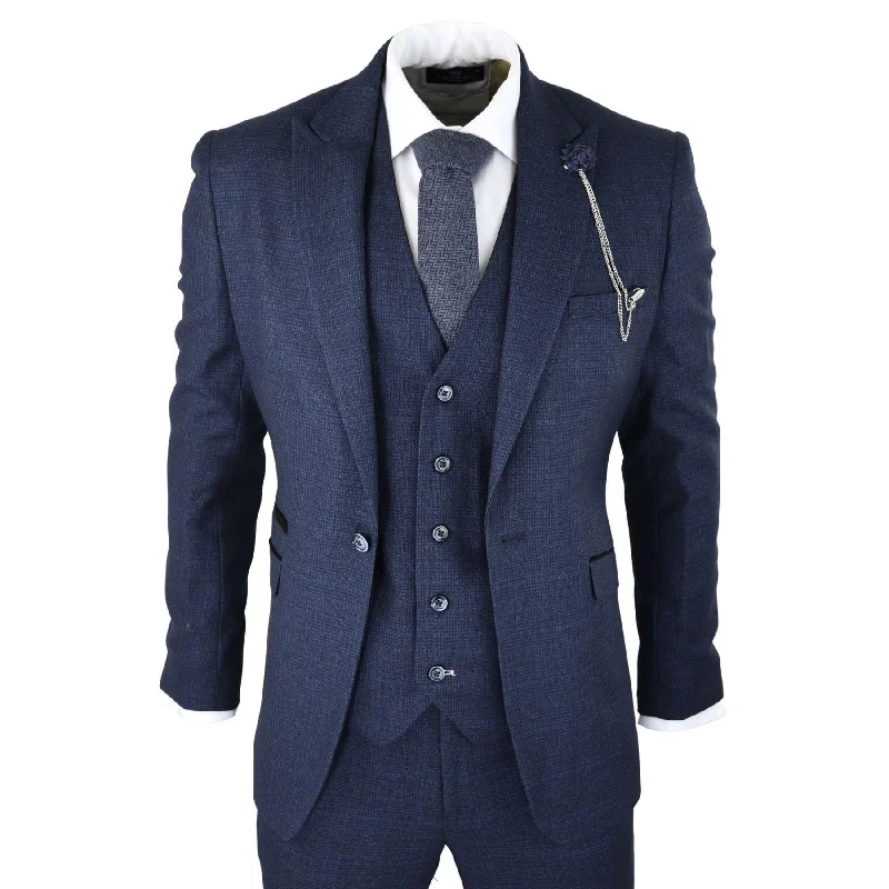 Mens Herringbone Tweed Navy Blue Check 3 Piece Vintage Suit Tan