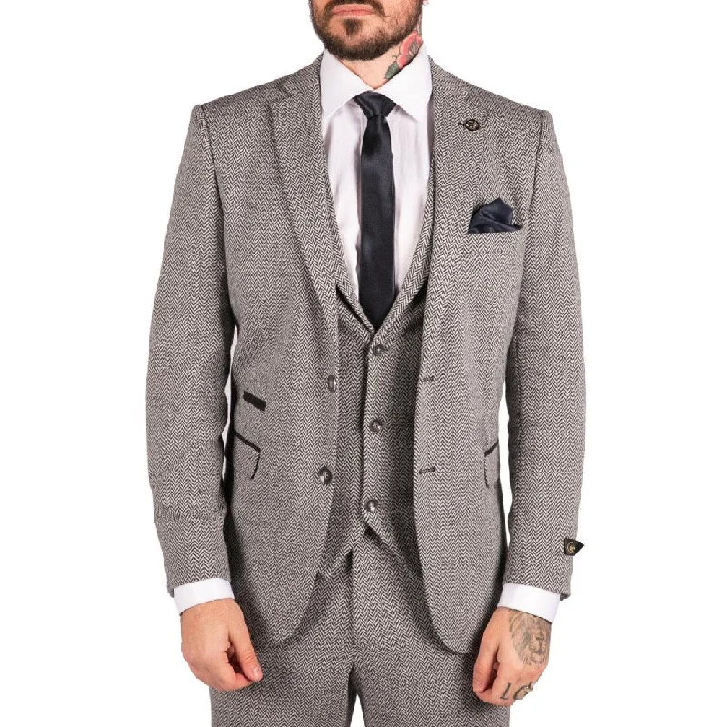 Mens Light Grey 3 Piece Tweed Suit Herringbone Wool Vintage Retro