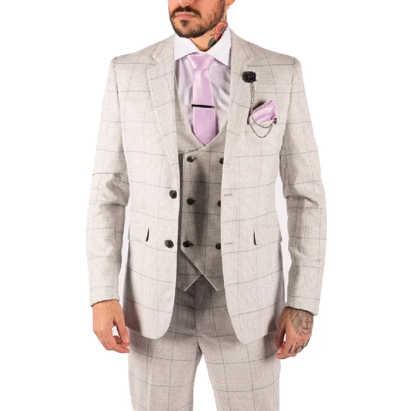 Mens Light Grey Check 3 Piece Suit Double Breasted Waoistcoat Tailored Fit