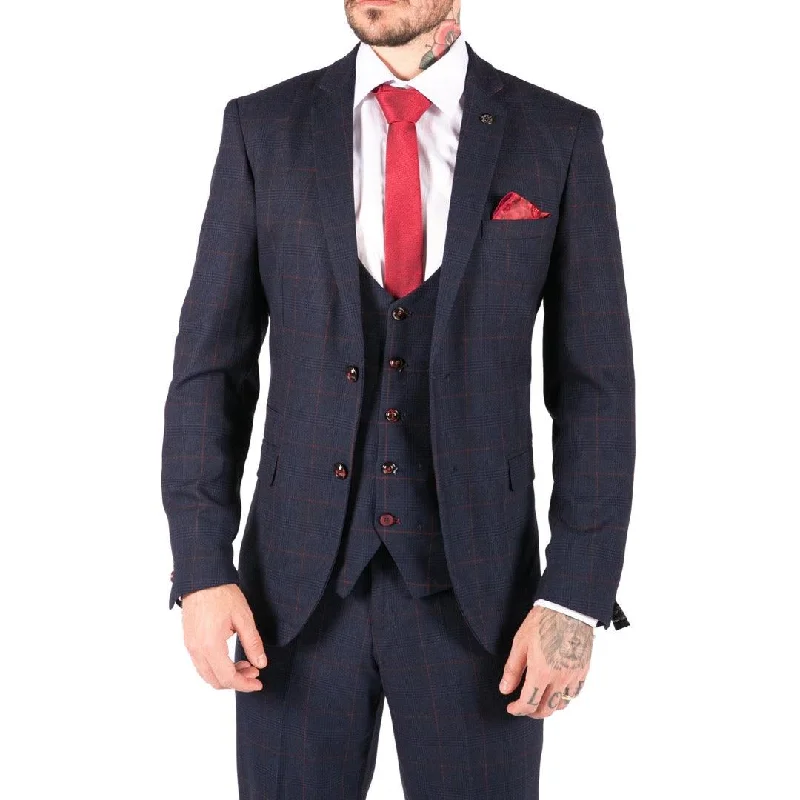 Mens Navy Check 3 Piece Suit Red Edinson Marc Darcy Classic Vintage Wedding