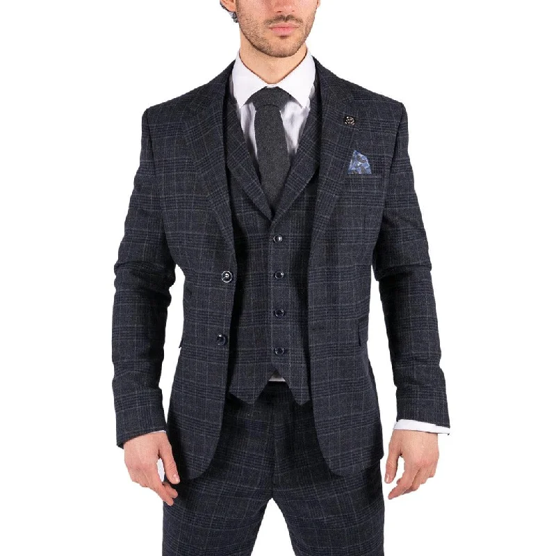 Mens Tweed 3 Piece Suit Blue Check Vintage 1920s Gatsby Blinders Tailored Fit