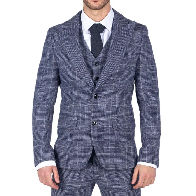 Mens Tweed Wool Check Suit 3 Piece Vintage Classic Blue Grey Tailored Fit